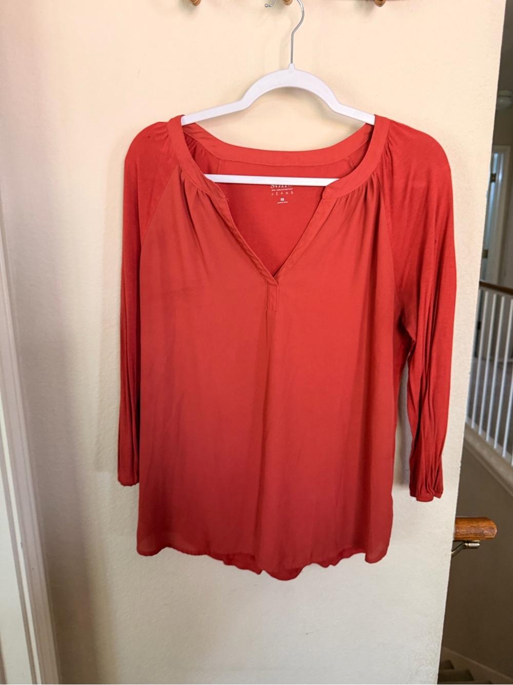 New York & Company Coral-Red Split V Long-Sleeve Blouse